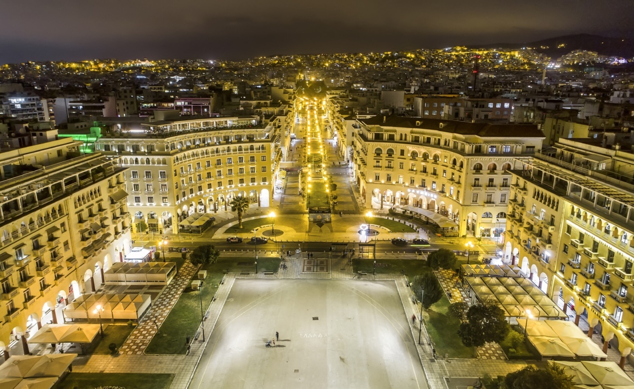 Aerial, night view of Electra Palace Thessaloniki, the best place to spend business holidays to Thessaloniki