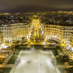 Aerial, night view of Electra Palace Thessaloniki, the best place to spend business holidays to Thessaloniki