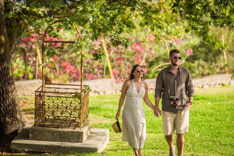 Couple enjoying the verdant outdoors during their Kefalonia adventures.