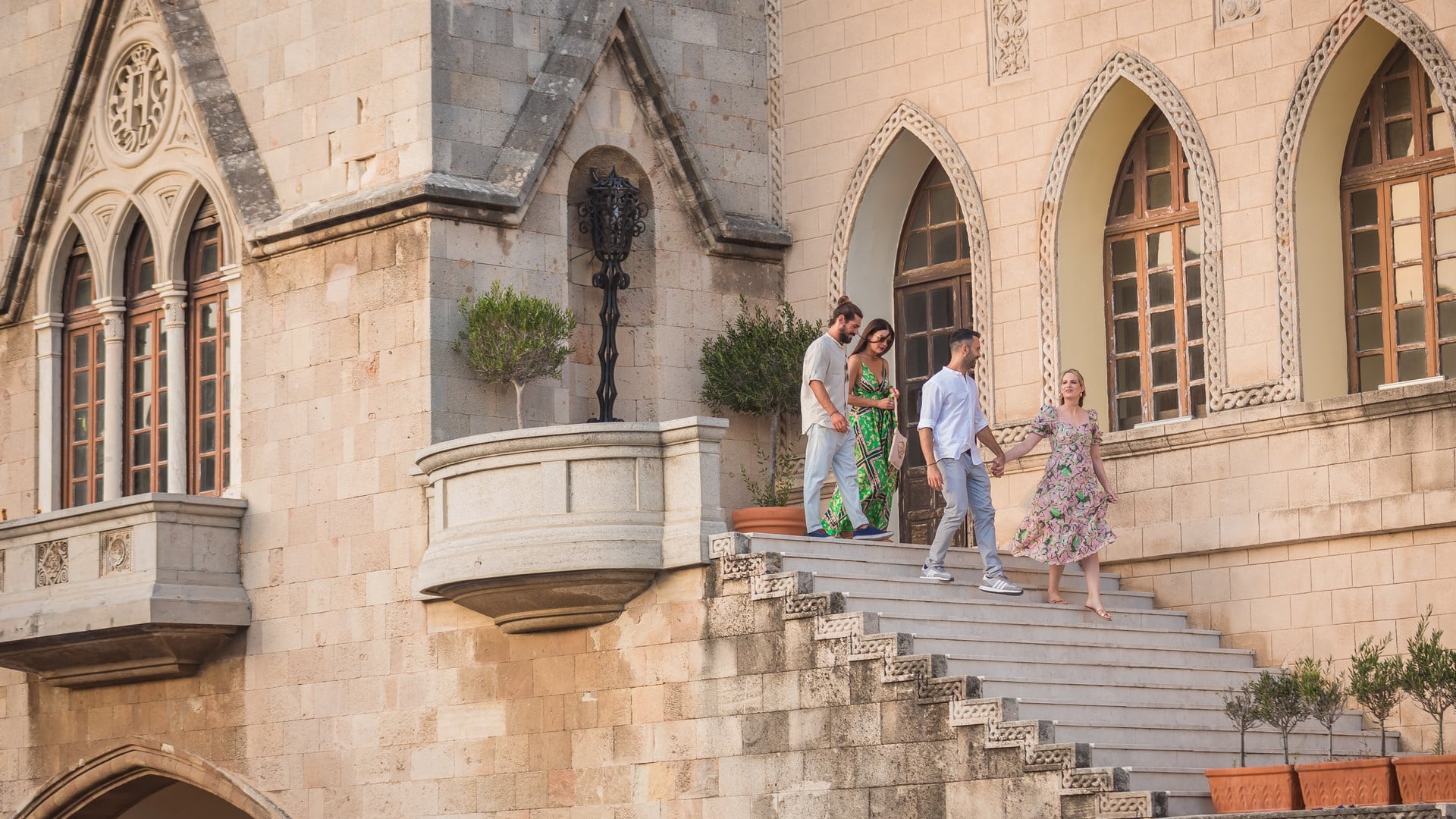 Two couples enjoying the landmarks of Rhodes in Spring.