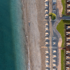 Ialyssos beach in front of Electra Palace Rhodes from above, the perfect location to drop the pin and enjoy a wonderful getaway in Rhodes for families.
